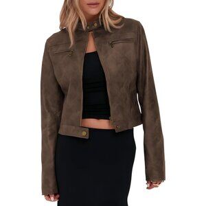 Women's Coffee Faux Leather Cropped jackets Casual Vintage Zip Motorcycle Jacket